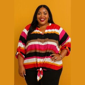 Ali Miles Womens 3X Tie Front Blouse Roll Tab Sleeve Striped Top‎ Colorful Fun